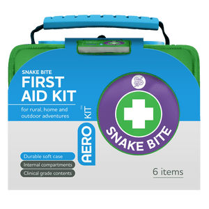 Green soft case with a blue moulded handle, printed SNAKE BITE FIRST AID KIT for rural, home and outdoor adventures, 6 items