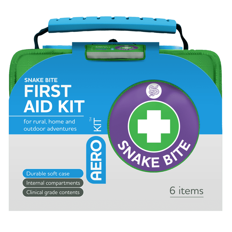 Green soft case with a blue moulded handle, printed SNAKE BITE FIRST AID KIT for rural, home and outdoor adventures, 6 items