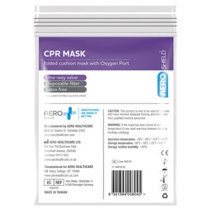 Resealable clear pack holding a folded AEROSHIELD CPR cushion mask, printed one-way valve, disposable filter and latex free