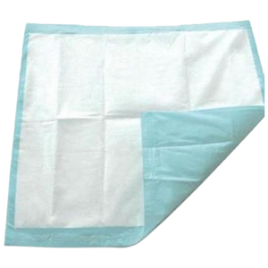Blue and white disposable underpad shown part folded, with a soft absorbent top sheet and a blue backing
