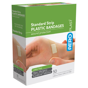 Green AEROPLAST box of standard strip plastic bandages printed latex free and hypo-allergenic, marked 50