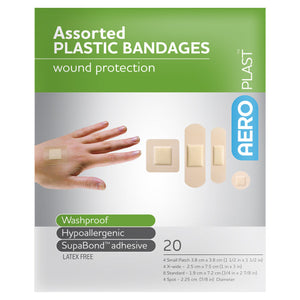 Green and white AEROPLAST sachet printed assorted plastic bandages, wound protection, listing washproof, hypoallergenic and SupaBond adhesive, marked 20
