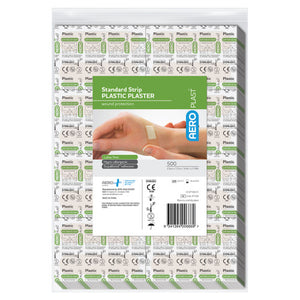 Bulk pack of individually wrapped plastic plaster strips, with a green and white AEROPLAST label printed standard strip plastic plaster, marked 500