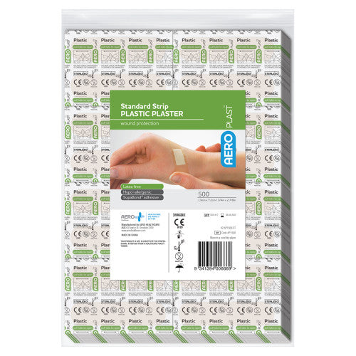 Bulk pack of individually wrapped plastic plaster strips, with a green and white AEROPLAST label printed standard strip plastic plaster, marked 500