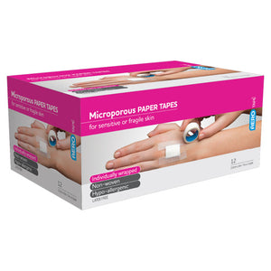 Pink and white AERO TAPE box printed microporous paper tapes for sensitive or fragile skin, listing individually wrapped, non-woven and hypoallergenic, marked 12