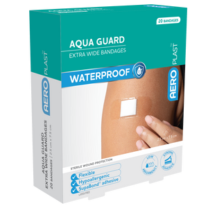 Teal AEROPLAST box printed Aqua Guard extra wide bandages, waterproof, flexible and hypoallergenic, marked 20 bandages
