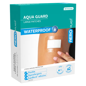 Teal and white AEROPLAST box printed Aqua Guard large patches, waterproof, marked 10 patches