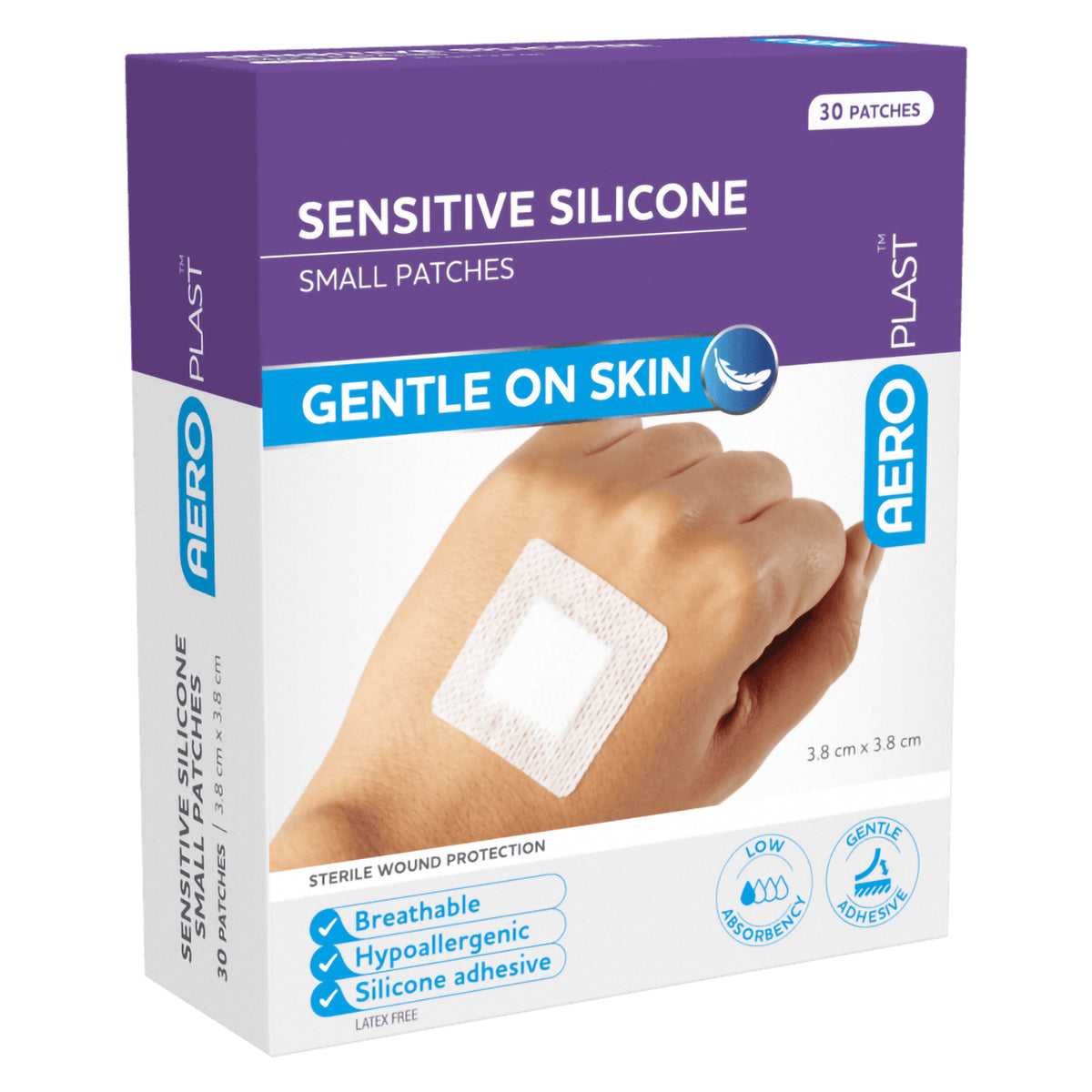 Purple and white AEROPLAST box printed Sensitive Silicone small patches, gentle on skin, marked 30 patches