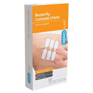 Orange and white AEROPLAST box printed butterfly closure strips, wound support, listing latex free and easy to use, marked 10