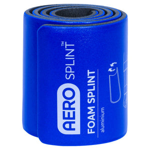 Blue AERO SPLINT rolled foam splint, printed foam splint with an aluminium core, shown coiled on a plain background