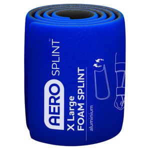 Blue AERO SPLINT extra large foam splint rolled up, printed foam splint with an aluminium core and an illustration of it in use