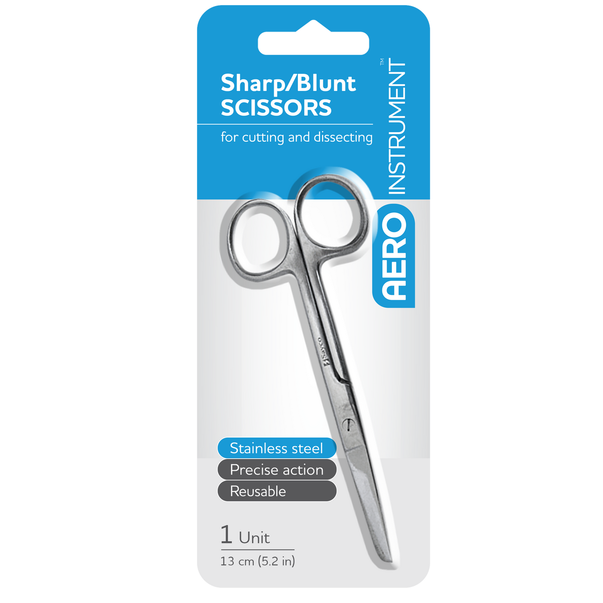 Blue and white AERO INSTRUMENT blister card holding stainless steel sharp blunt scissors, printed for cutting and dissecting, precise action and reusable, marked 1 unit and 13 cm