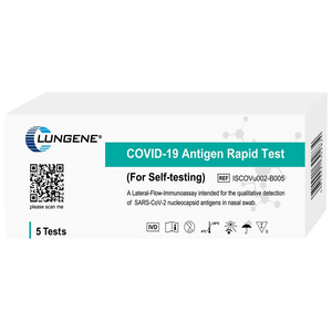 White Clungene carton printed COVID-19 Antigen Rapid Test for self-testing, a lateral flow immunoassay for nasal swab samples, marked 5 tests