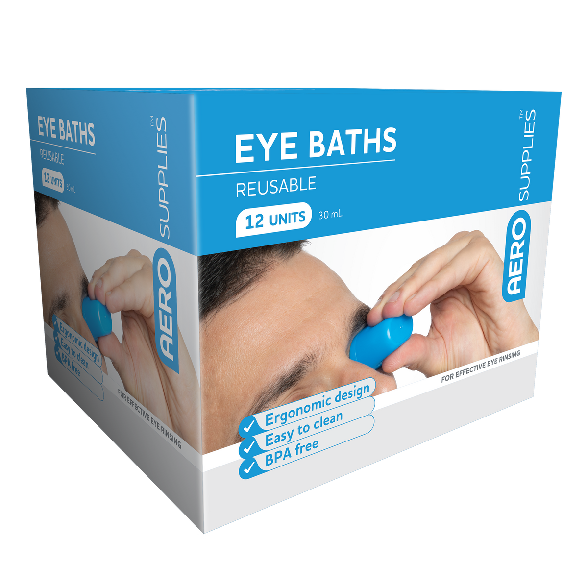 Blue and white AERO SUPPLIES box printed Eye Baths, reusable, ergonomic design, easy to clean and BPA free, marked 12 units