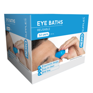 Blue and white AERO SUPPLIES box printed Eye Baths, reusable, ergonomic design, easy to clean and BPA free, marked 12 units