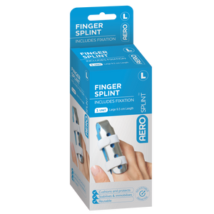 Blue and white AERO SPLINT box printed Finger Splint, includes fixation, cushions and protects, marked large and 1 unit
