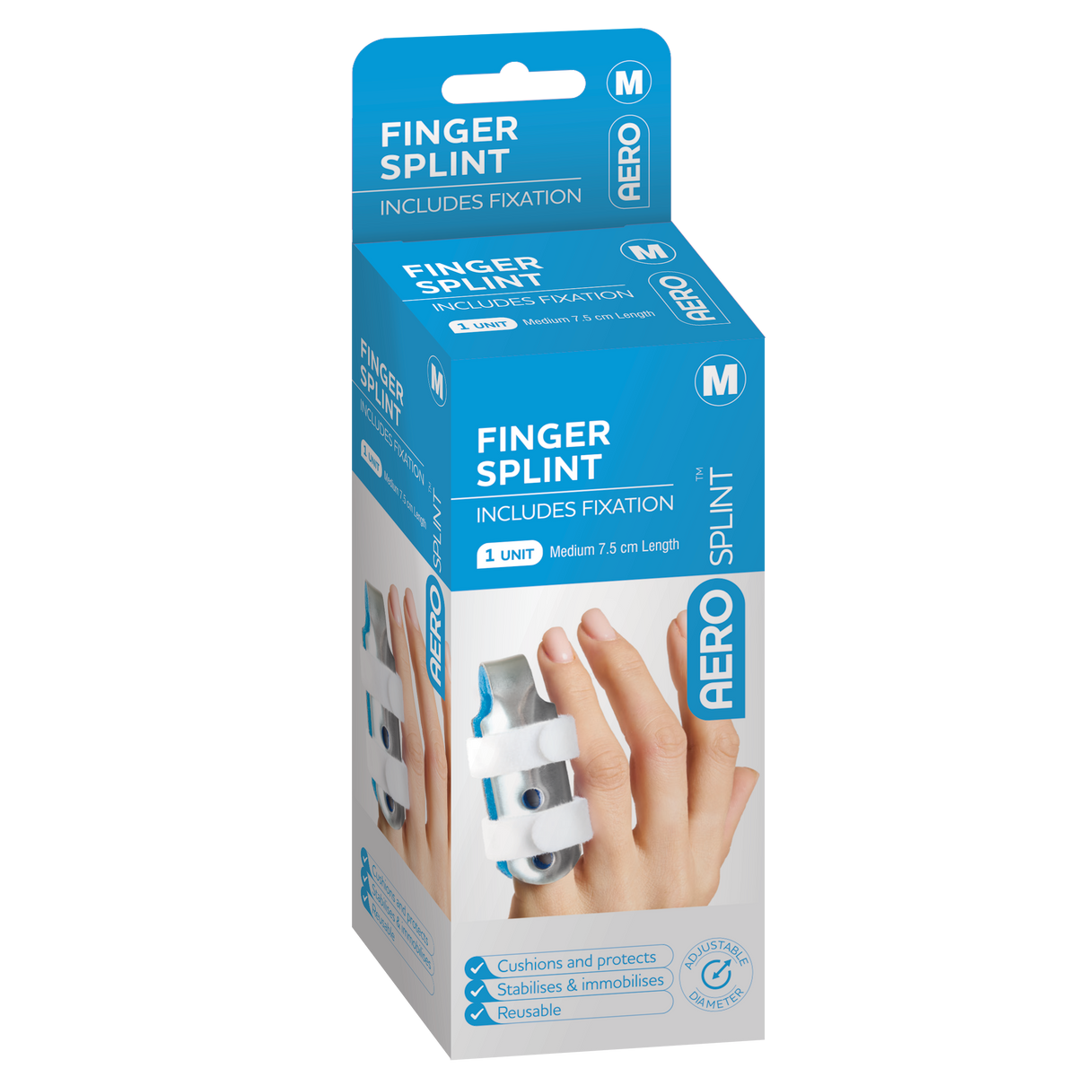 Blue and white AERO SPLINT box printed Finger Splint, includes fixation, cushions and protects, marked medium and 1 unit