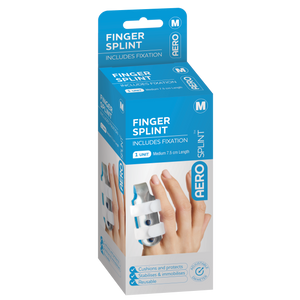 Blue and white AERO SPLINT box printed Finger Splint, includes fixation, cushions and protects, marked medium and 1 unit