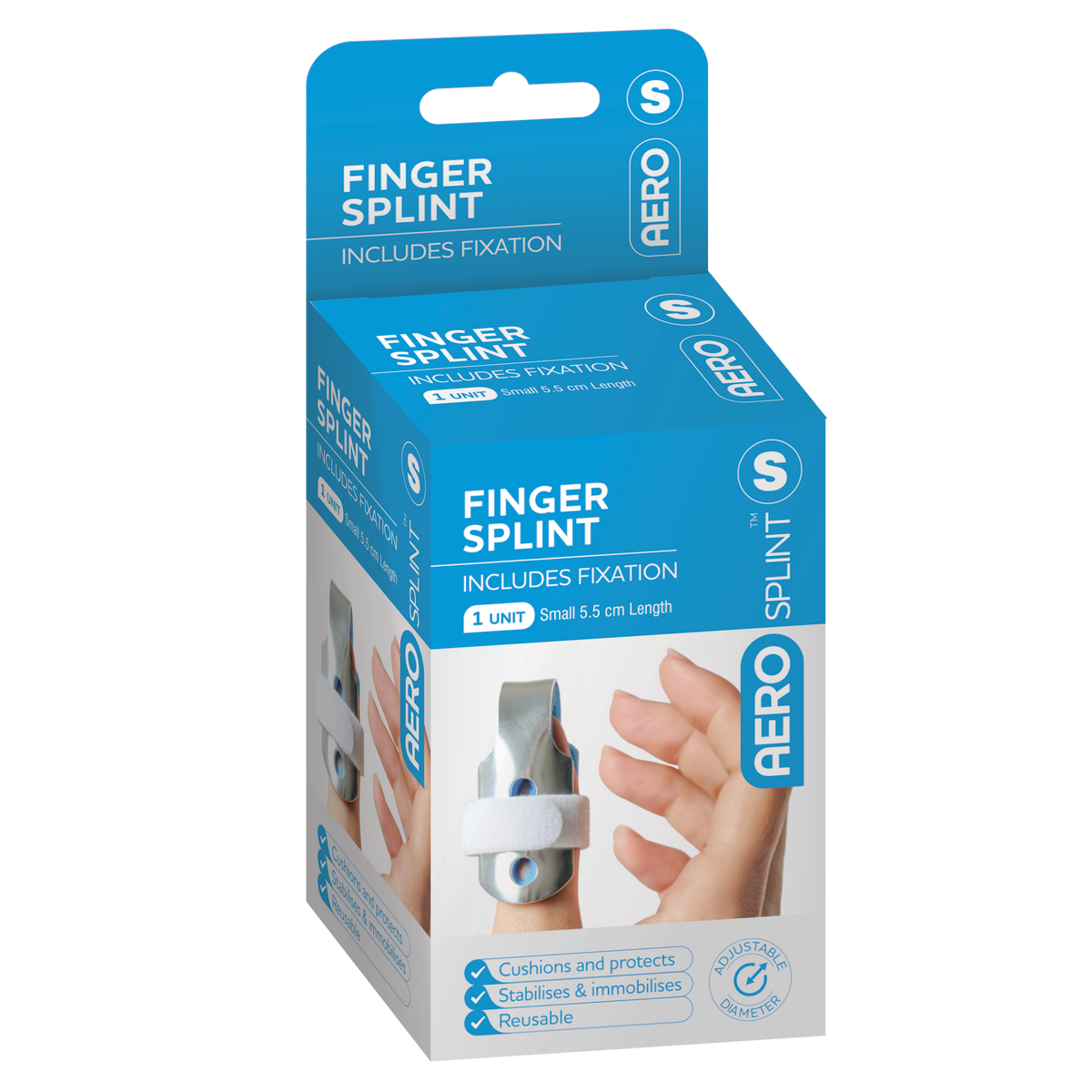 Blue and white AERO SPLINT box printed Finger Splint, includes fixation, cushions and protects, marked small and 1 unit