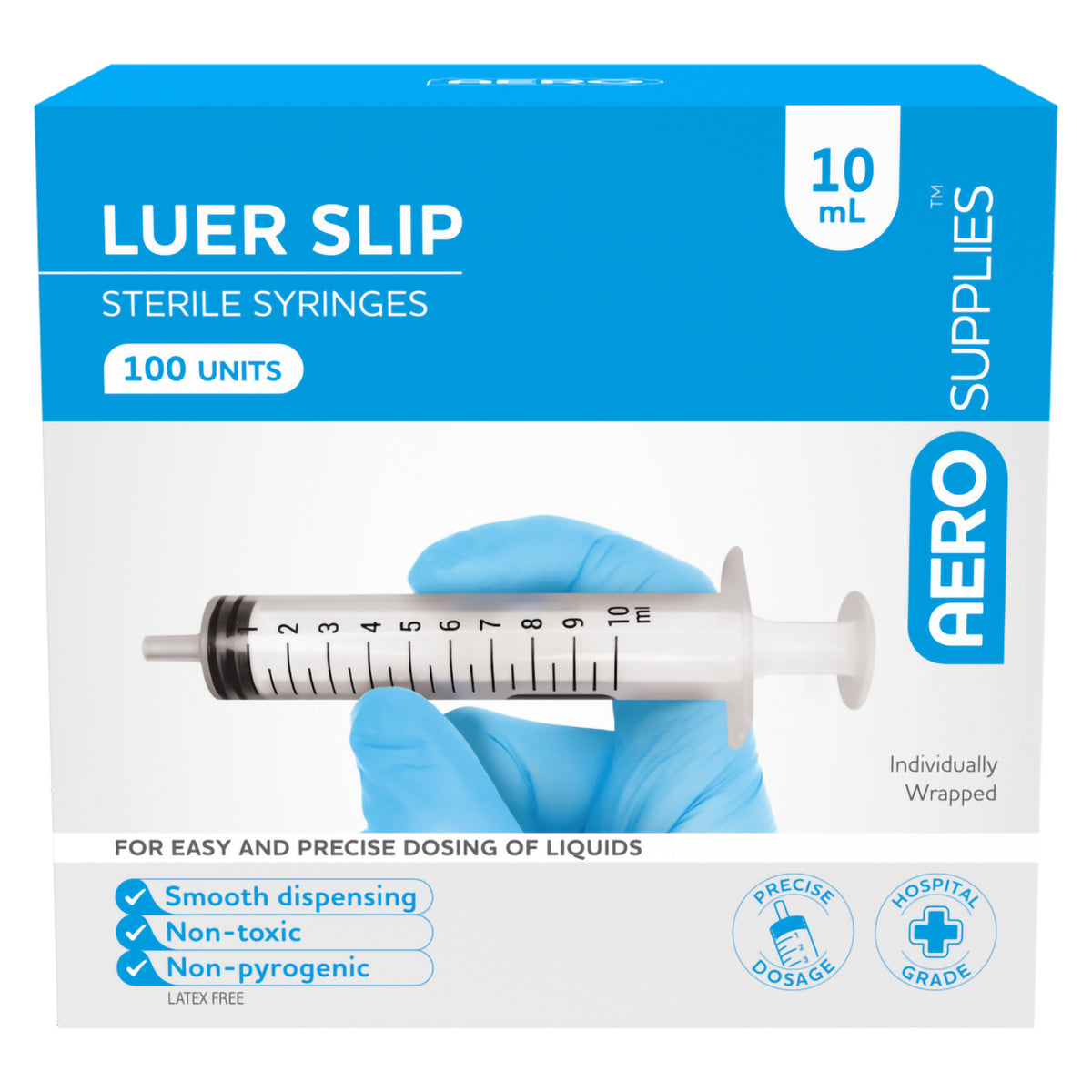 A second view of the same 10 mL luer slip syringes box front panel