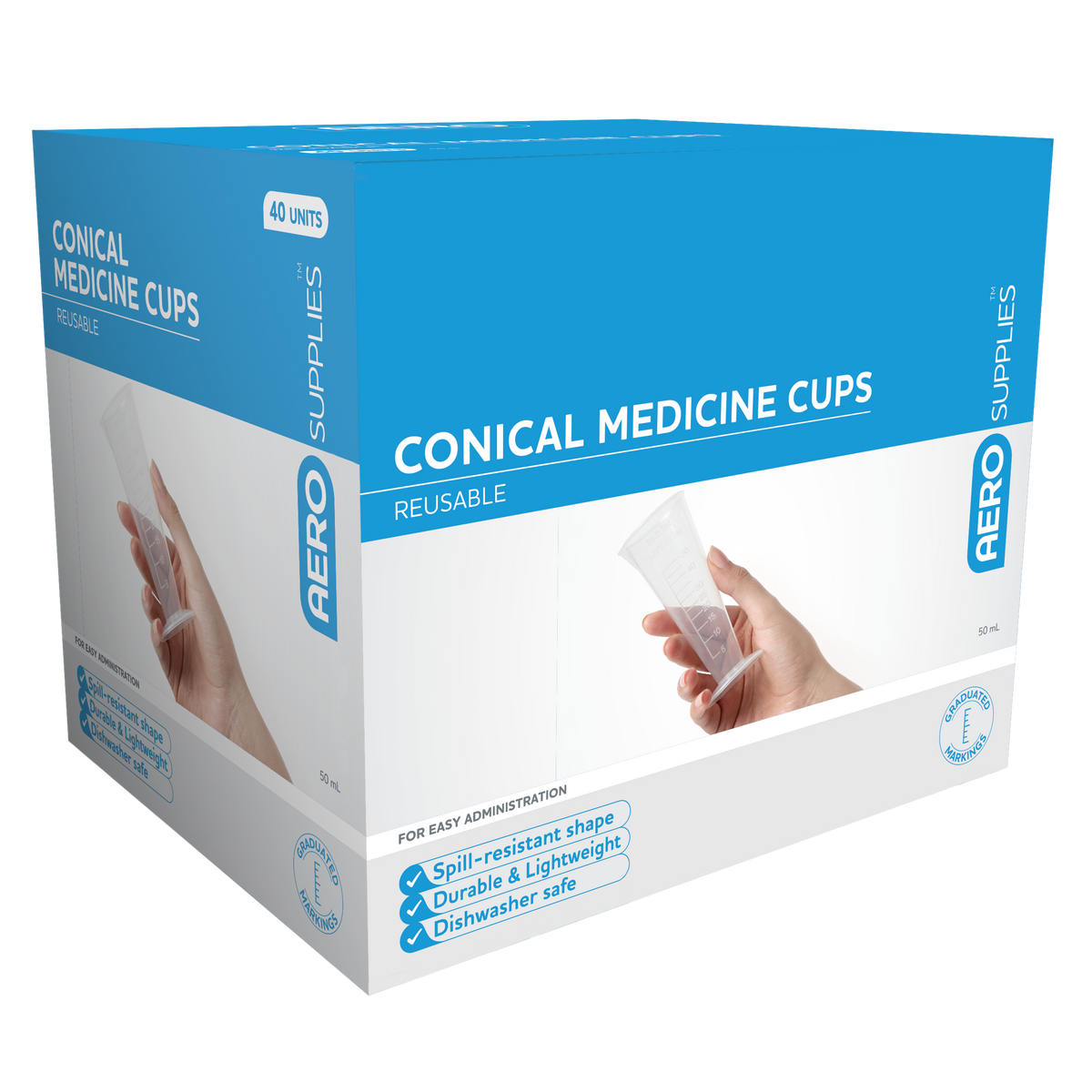 Blue and white AERO SUPPLIES box printed Conical Medicine Cups, reusable, durable and lightweight, dishwasher safe