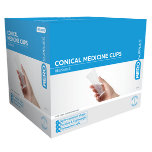 Blue and white AERO SUPPLIES box printed Conical Medicine Cups, reusable, durable and lightweight, dishwasher safe