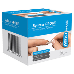 Blue and white AEROPROBE box printed splinter probe for easy removal of splinters, listing hygienically packed, safe to use and effective, marked 100