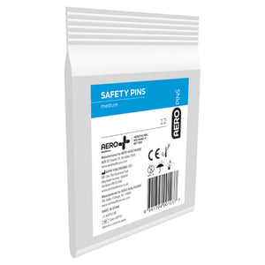 Clear sachet of medium safety pins with a blue and white AERO label, marked 12