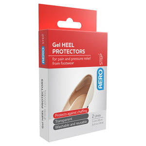 Red and white AEROSTEP box printed gel heel protectors for pain and pressure relief from footwear, listing protects against chafing, transparent and washable and reusable, marked 2 units