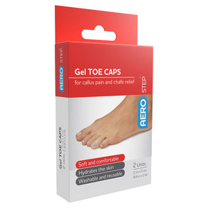 Red and white AEROSTEP box printed gel toe caps for callus pain and chafe relief, listing soft and comfortable, hydrates the skin and washable and reusable, marked 2 units
