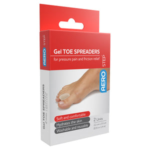 Red and white AEROSTEP box printed gel toe spreaders for pressure pain and friction relief, listing soft and comfortable, hydrates the skin and washable and reusable, marked 2 units