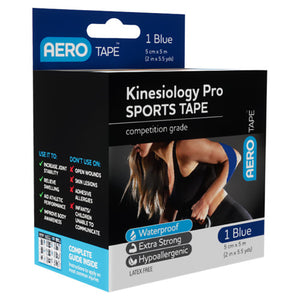 Black AERO TAPE box printed kinesiology pro sports tape, competition grade, 1 blue, 5cm x 5m, listing waterproof, extra strong and hypoallergenic