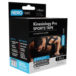 Black AERO TAPE box printed kinesiology pro sports tape, competition grade, 1 black, listing waterproof, extra strong and hypoallergenic