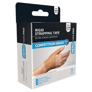Black and white AERO TAPE PRO box printed rigid strapping tape, extra strong adhesion, competition grade, marked 15m