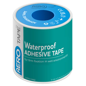 Teal and blue AERO TAPE spool printed waterproof adhesive tape for firm fixation in wet environments, latex free, 5cm x 5m