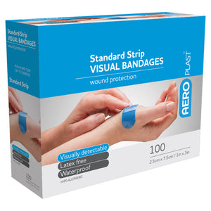Blue and white AEROPLAST box printed standard strip visual bandages, wound protection, listing visually detectable, latex free and waterproof, marked 100