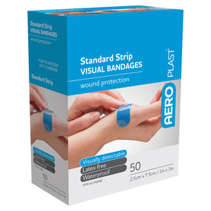 Blue AEROPLAST box of standard strip visual bandages printed visually detectable, latex free and waterproof, marked 50