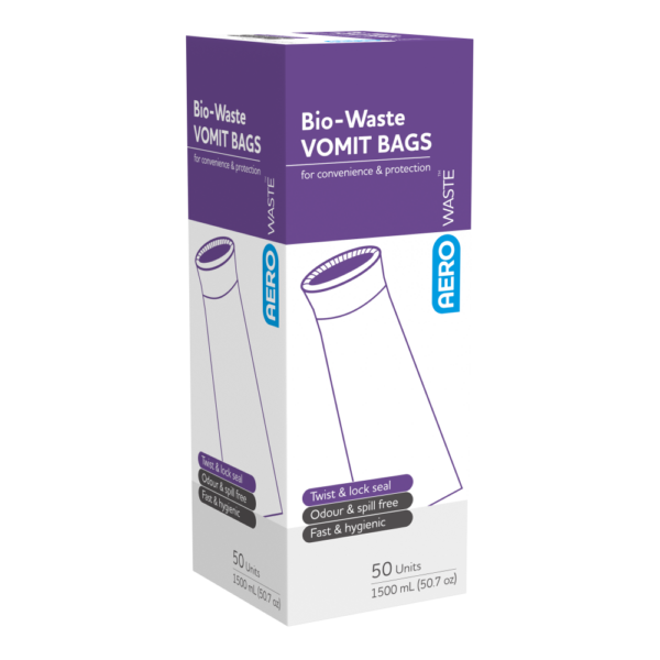 Angled view of the purple AEROWASTE Bio-Waste Vomit Bags box of 50, 1500mL