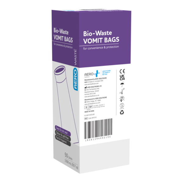Side panel of the AEROWASTE Bio-Waste Vomit Bags box showing Aero Healthcare details and barcode