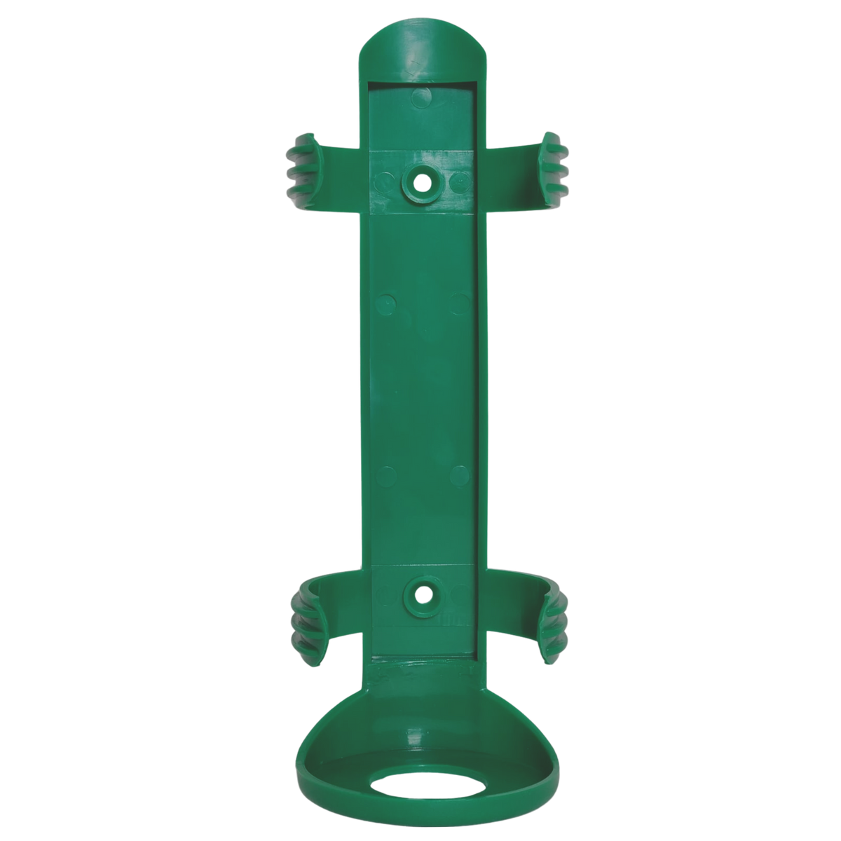 Green moulded plastic wall bracket with an upright back plate and a cradle to hold a bottle