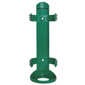 Green moulded plastic wall bracket with an upright back plate and a cradle to hold a bottle