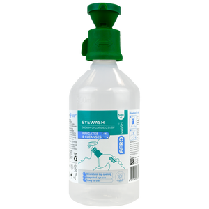 Clear AEROWASH eyewash bottle with a green eyecup cap, labelled sodium chloride and marked irrigates and cleanses