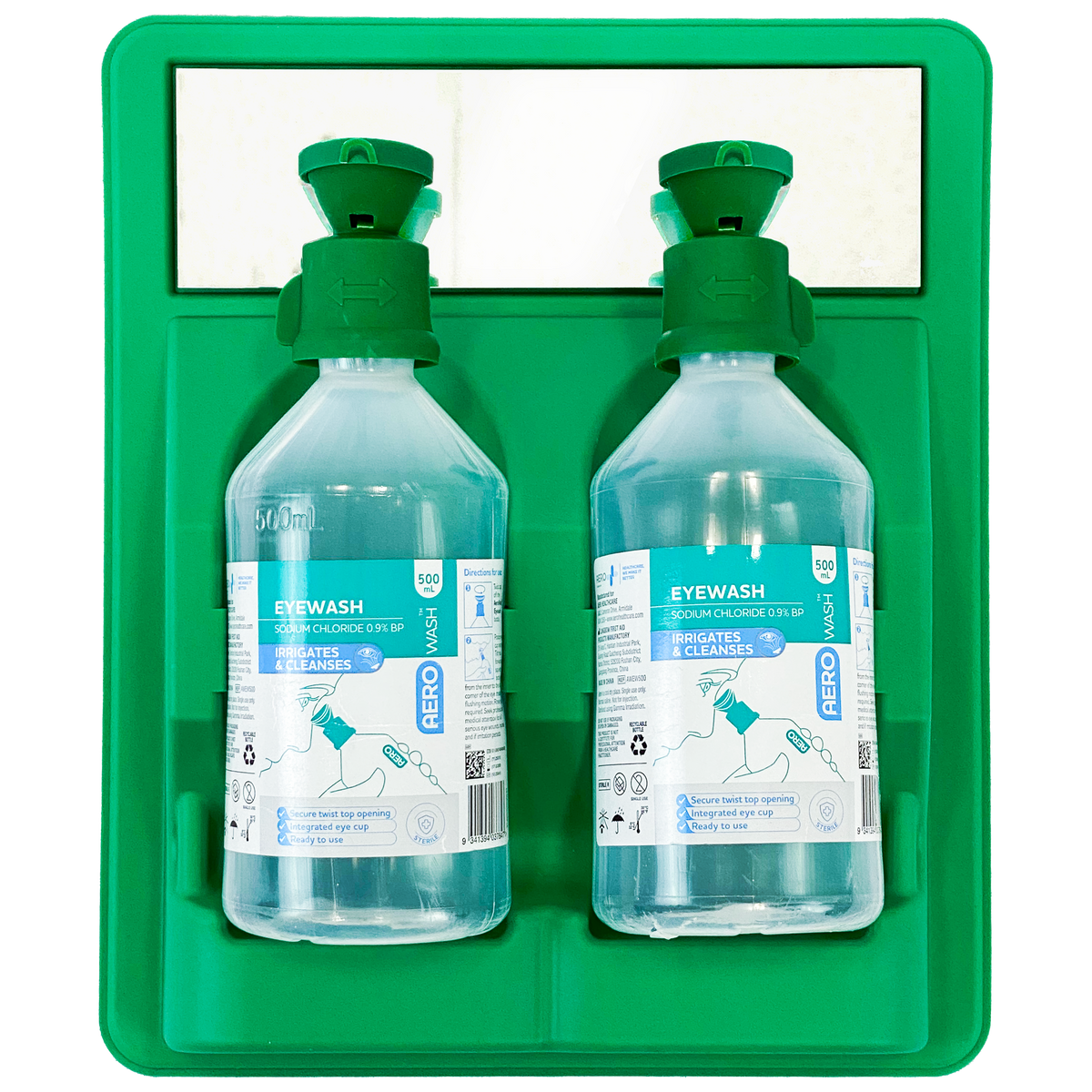 A second view of the same green eyewash station and its two bottles