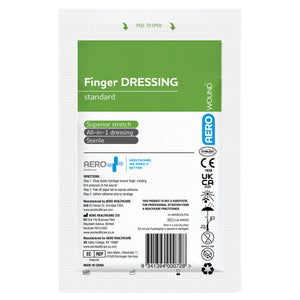 White peel open sachet printed finger dressing, standard, listing superior stretch, all-in-1 dressing and sterile
