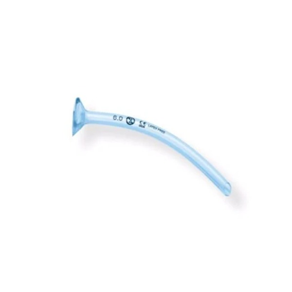 Curved translucent nasopharyngeal airway with a flared flange at the wide end, shown on a plain background