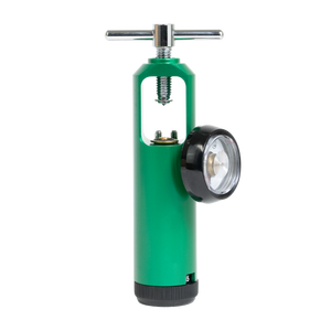 Green oxygen cylinder regulator with a round pressure gauge, a T-bar tightening handle and a moulded base collar