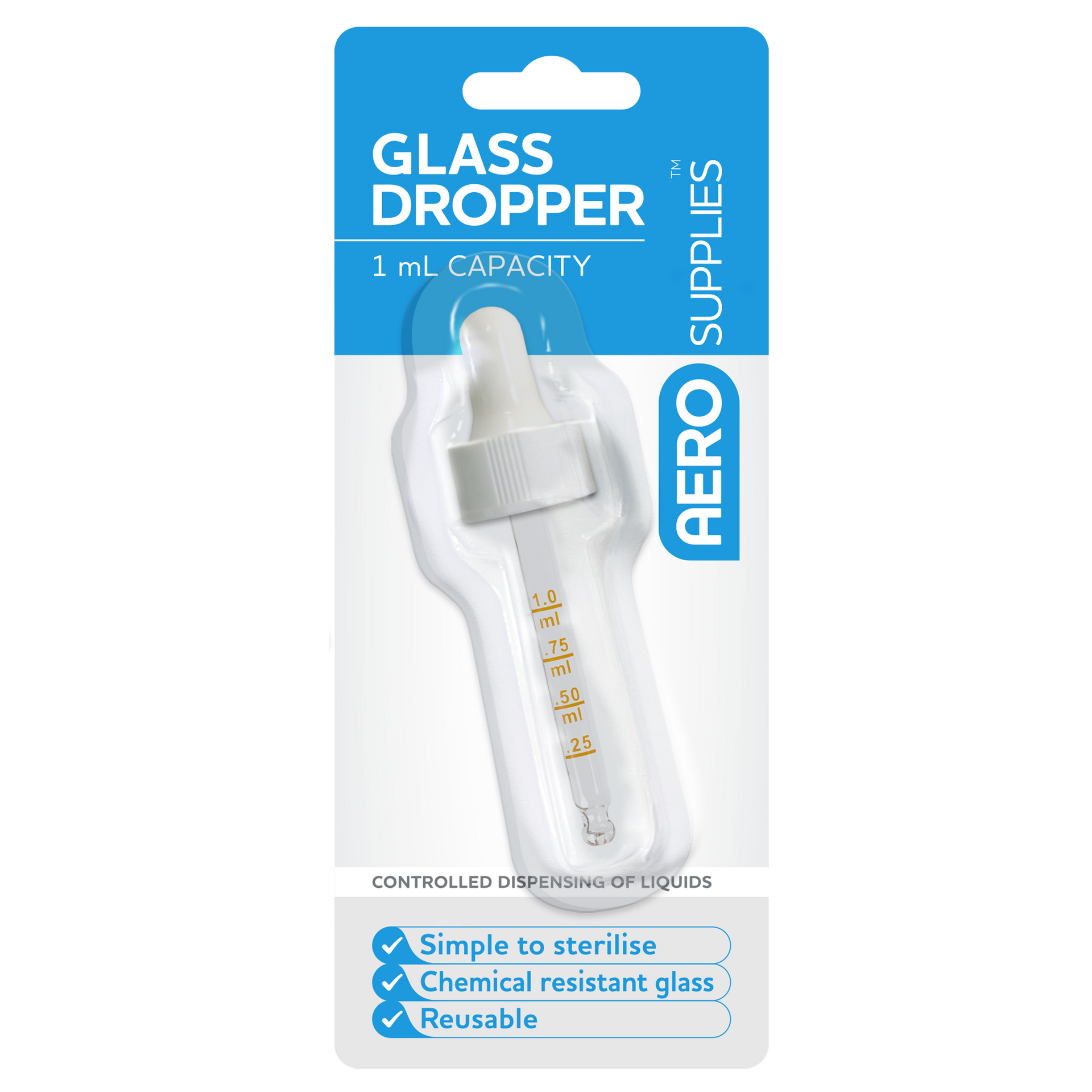 Aero Healthcare AeroSupplies Glass Dropper showing clear glass dropper with rubber bulb for precise controlled dispensing of antiseptics, drops, and clinical liquids in first aid and clinical settings