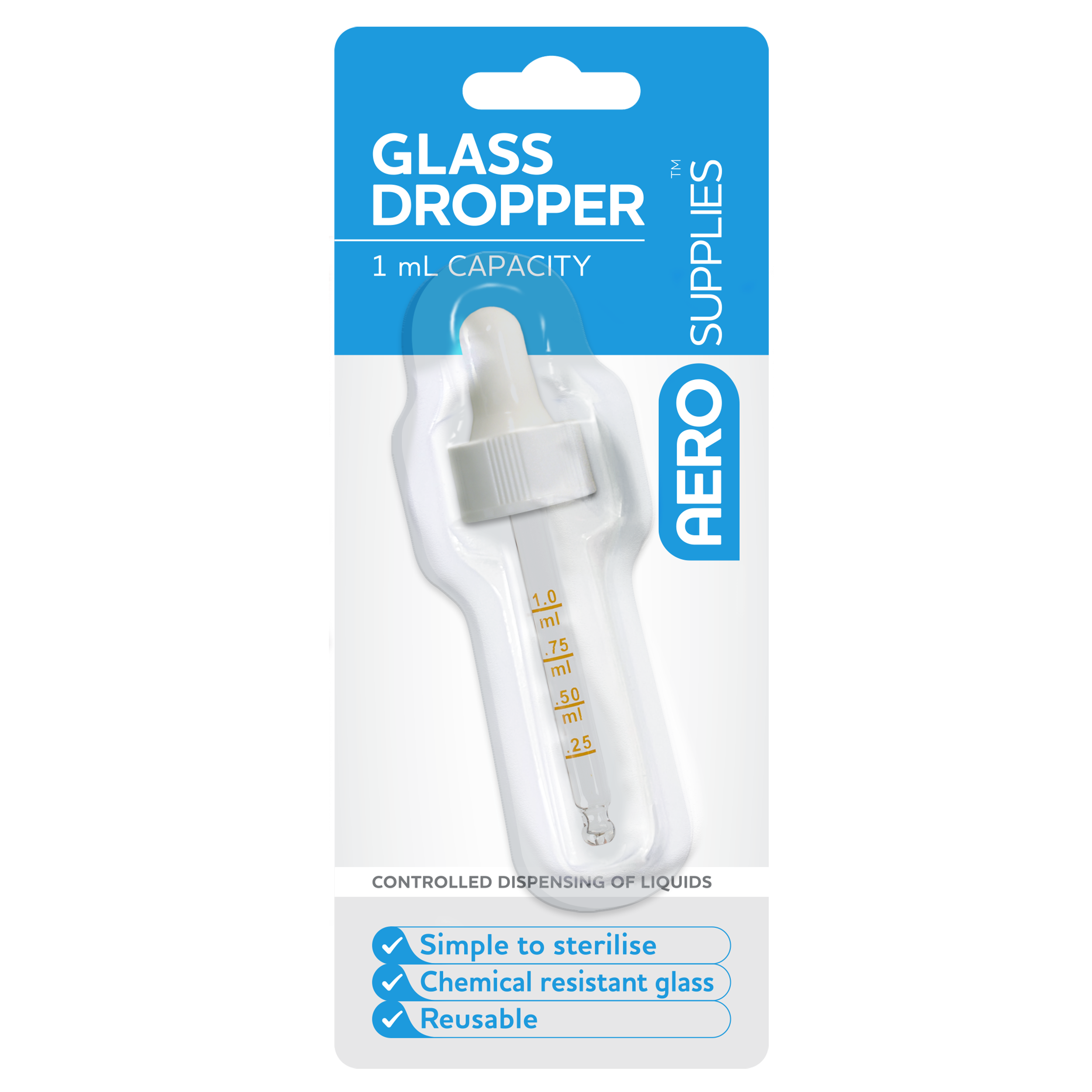 Aero Healthcare AeroSupplies Glass Dropper showing clear glass dropper with rubber bulb for precise controlled dispensing of antiseptics, drops, and clinical liquids in first aid and clinical settings