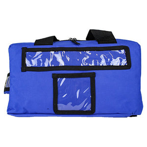 Blue fabric first aid bag with a clear window panel along the lid, a clear identification pocket on the front and a full length zip