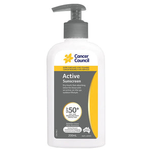 Cancer Council Active Sunscreen in a 200mL white pump bottle with a grey label, printed dry touch, fast absorbing lotion, SPF 50 plus